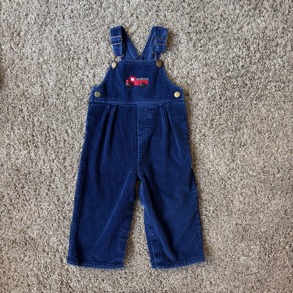 OshKosh Bgosh Navy Blue Corduroy Fire Truck Overalls Cow Embroidery Snap Inseam